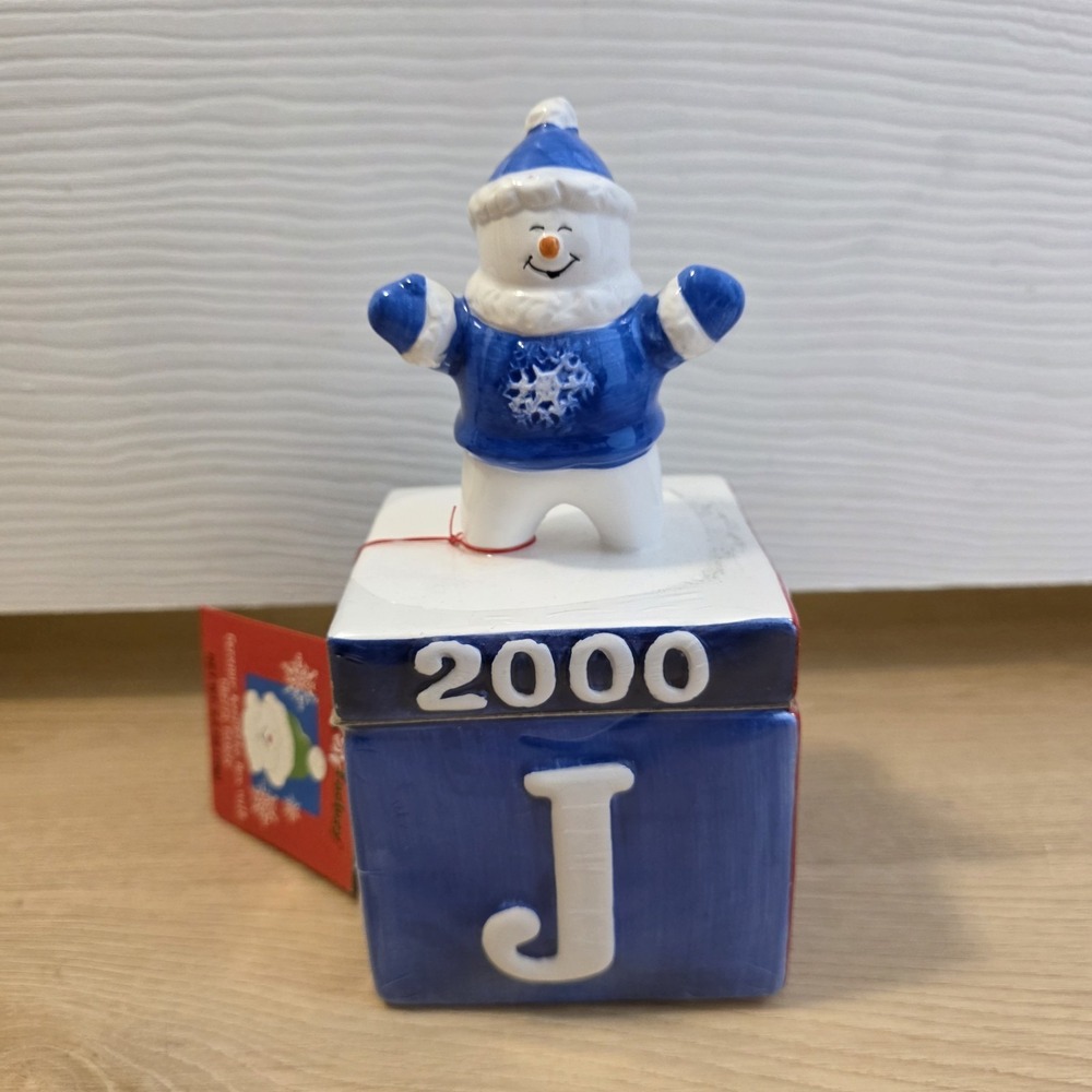 Houston Harvest JOY TO THE WORLD Blue 2000 Snowman‎ Christmas Candy Jar Figurine
